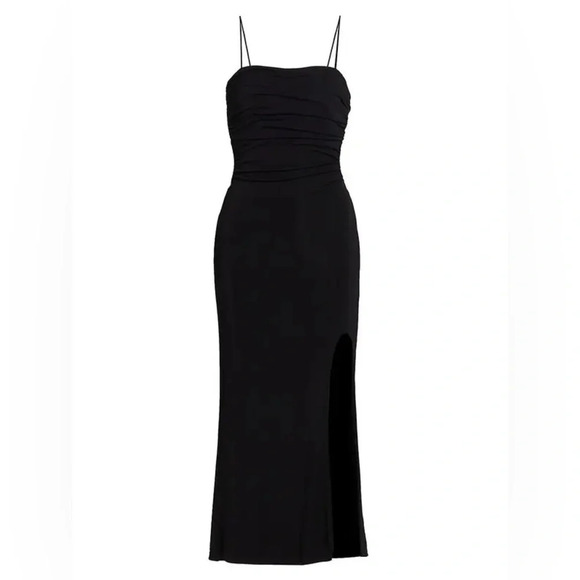 Cinq à Sept Mariah Back Cut-Out Ruched Slip Midi Dress 0 Black Front Slit Dressy - Picture 4 of 15
